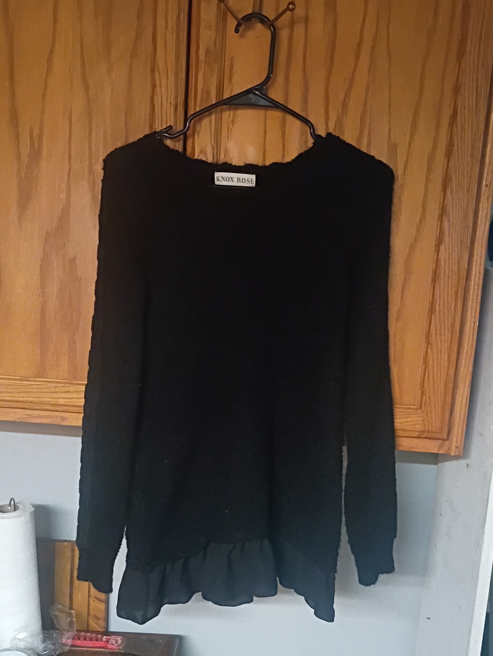 Knox Rose Black Ruffle Hem Crewneck Sweater